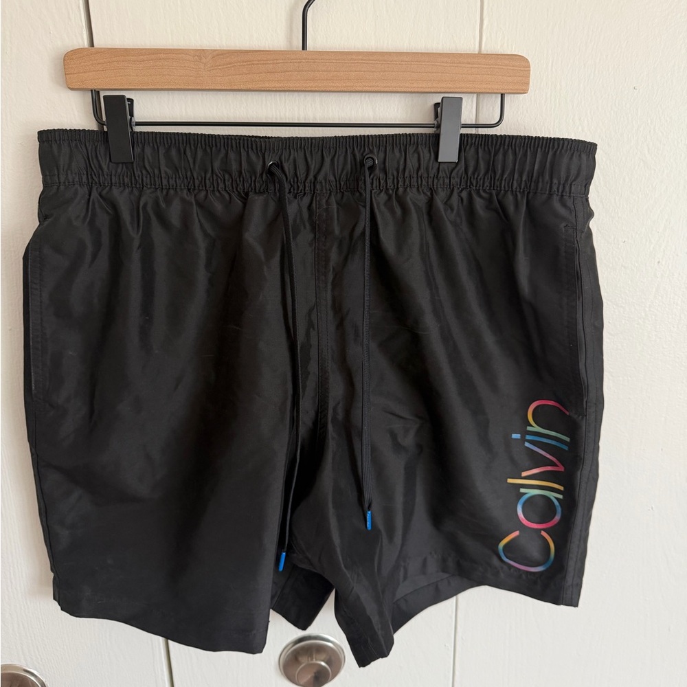 Calvin Klein Black Swim Trunks with Multicolor Logo, Size Large